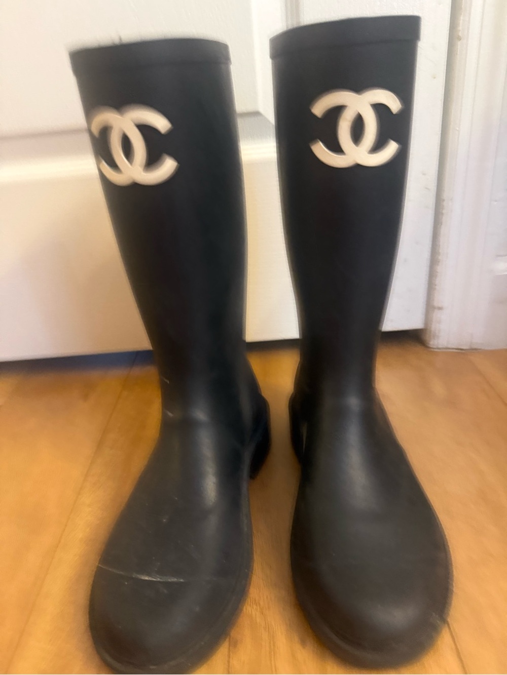 CHANEL Black Rain Boots with White CC Logo